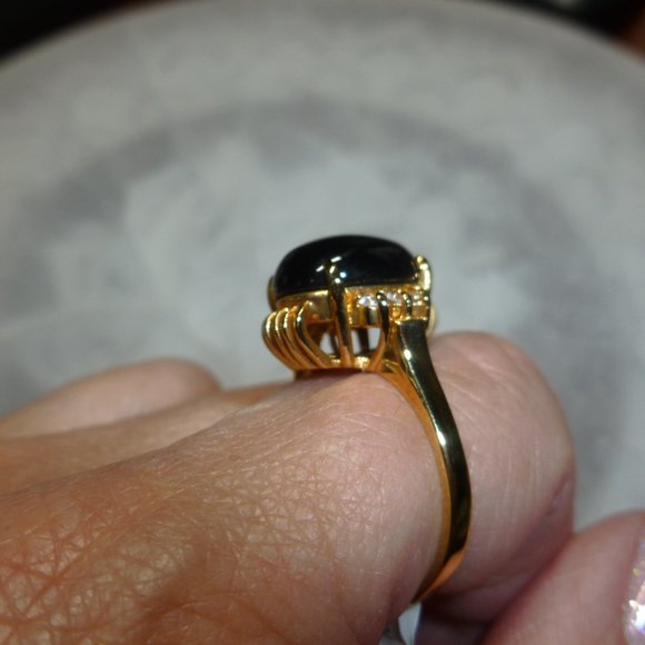 18k Yellow Gold EP Onyx Cubic Zirconia Dolphin Ore Ring - Picture 9 of 13